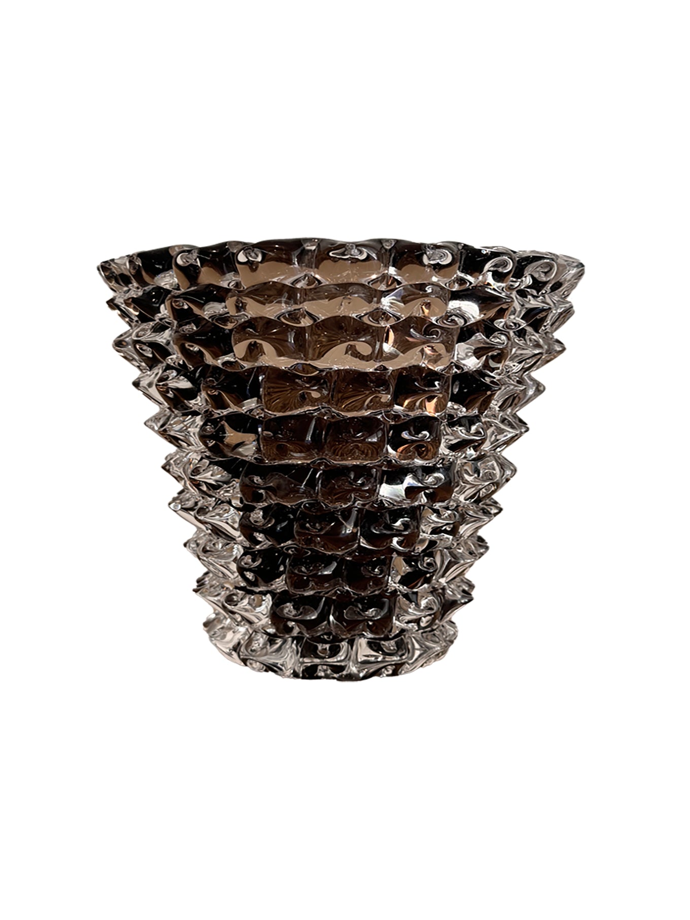 Murano rostrato style brown glass vase with textured design on a white background