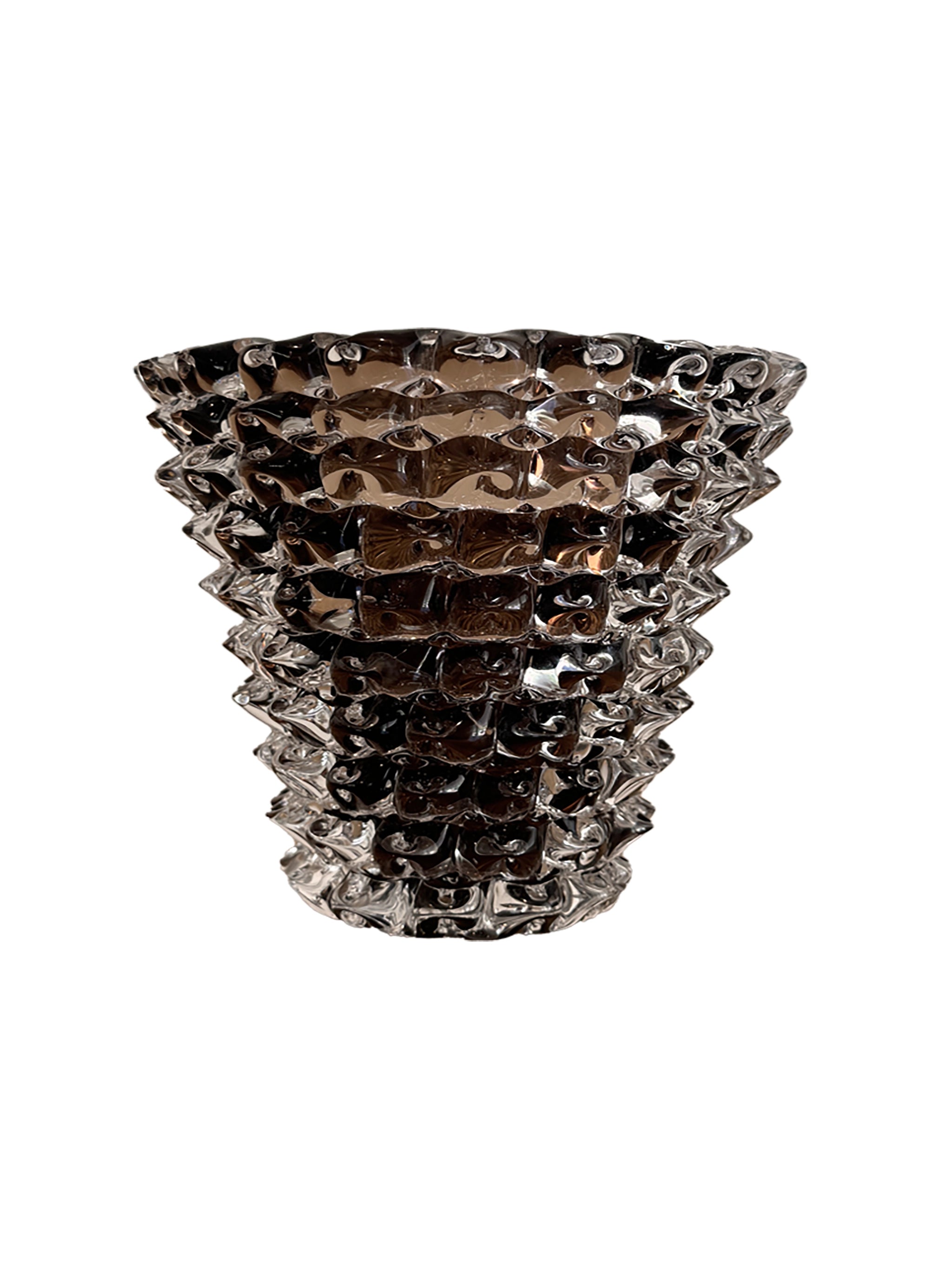 Murano rostrato style brown glass vase with textured design on a white background