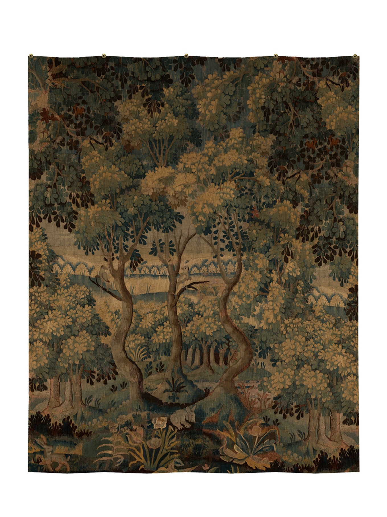 Tapestry with a nature scene featuring trees and animals on a white background
