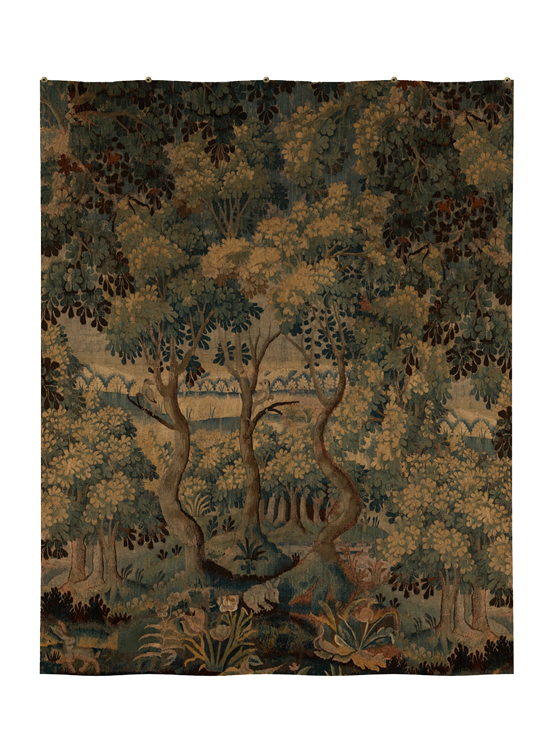 Tapestry with a nature scene featuring trees and animals on a white background
