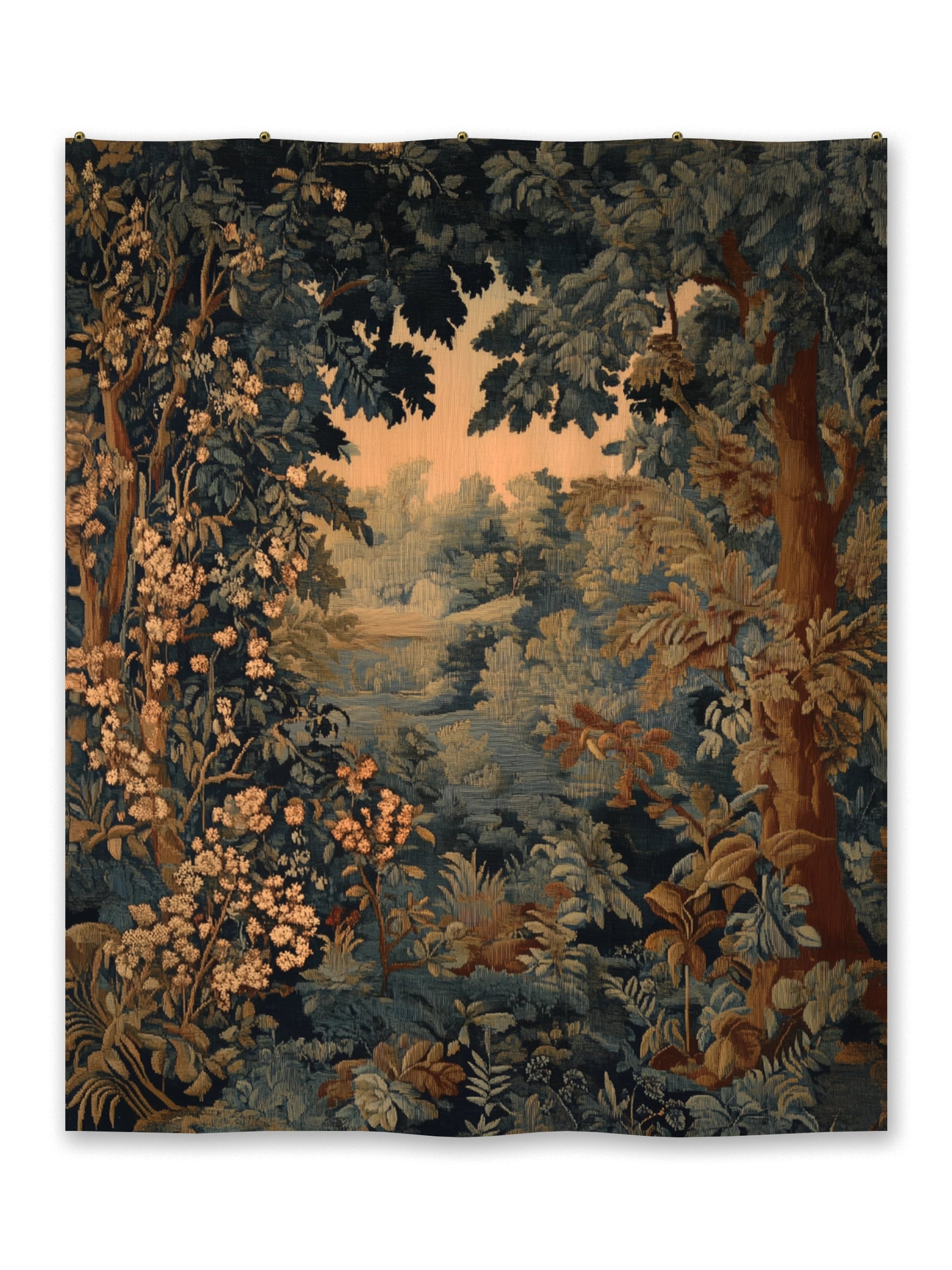 Tapestry with a scenic navy & warm toned landscape design featuring trees and flowers.